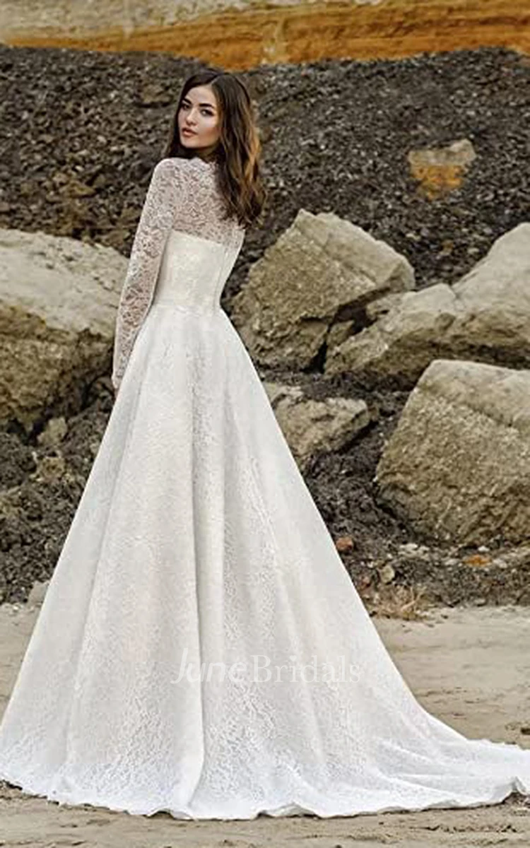 Lace A-Line Bateau Neckline Wedding Dress Adorable Simple Sexy Bohemian Romantic Garden With Open Back And Illusion Long Sleeves 