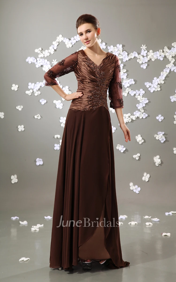 Maxi Sleeve V-Neck Chiffon Pleated Dress With Ruched Top