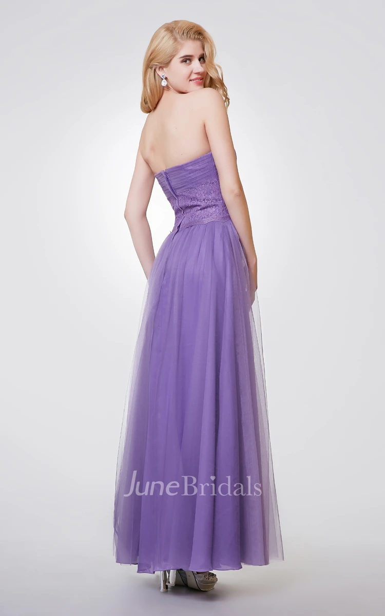 Strapless A-line Long Ruched Chiffon and Lace Dress