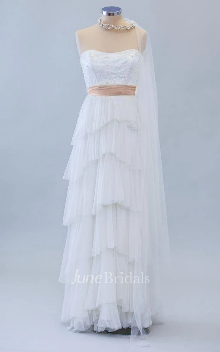 Handmade Strapless Long A-Line Tulle Wedding Dress With Tiers