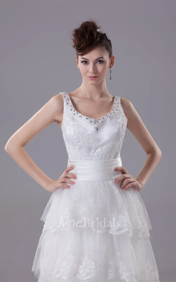 Strapped A-Line Tiered Dress with Lace and Rhinestone