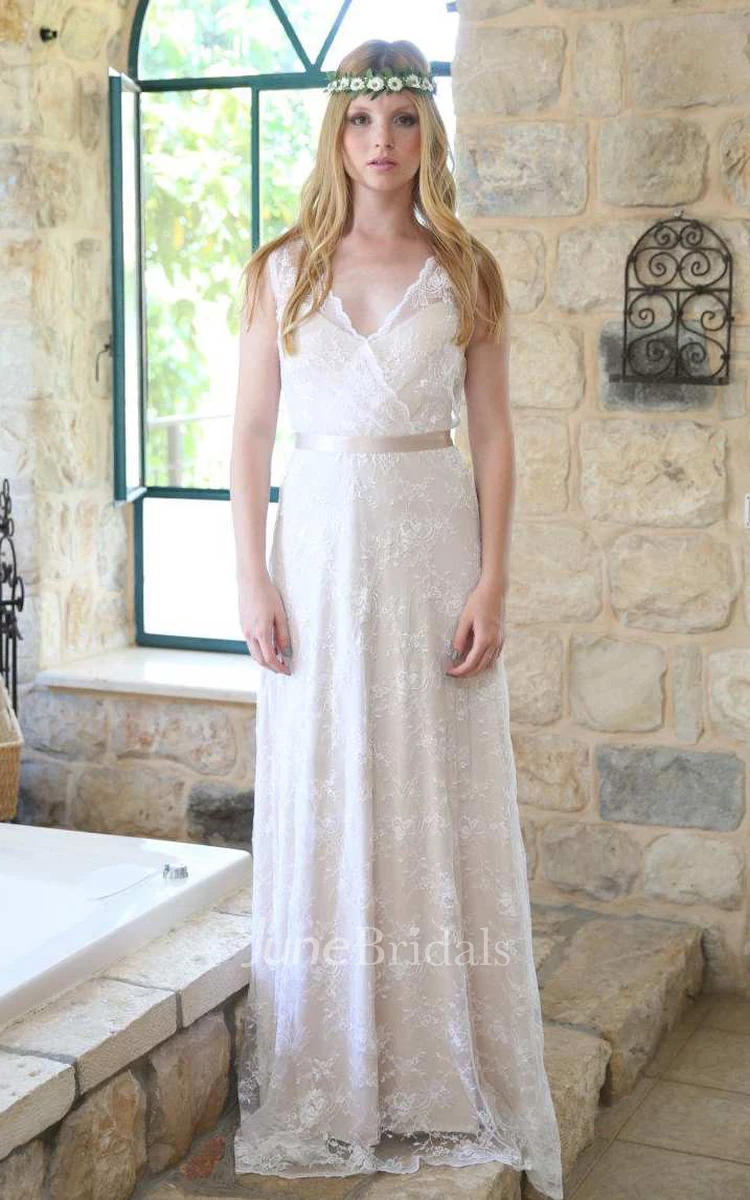 Plunged Sleeveless Lace Sheath Wedding Dress With Keyhole And Ribbon
