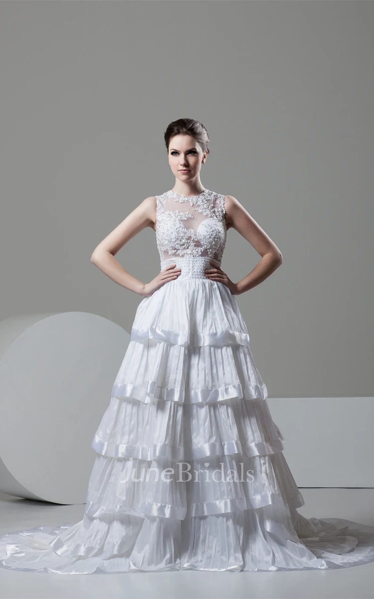 Sleeveless Tiered A-Line Gown with Appliques and Illusion Top