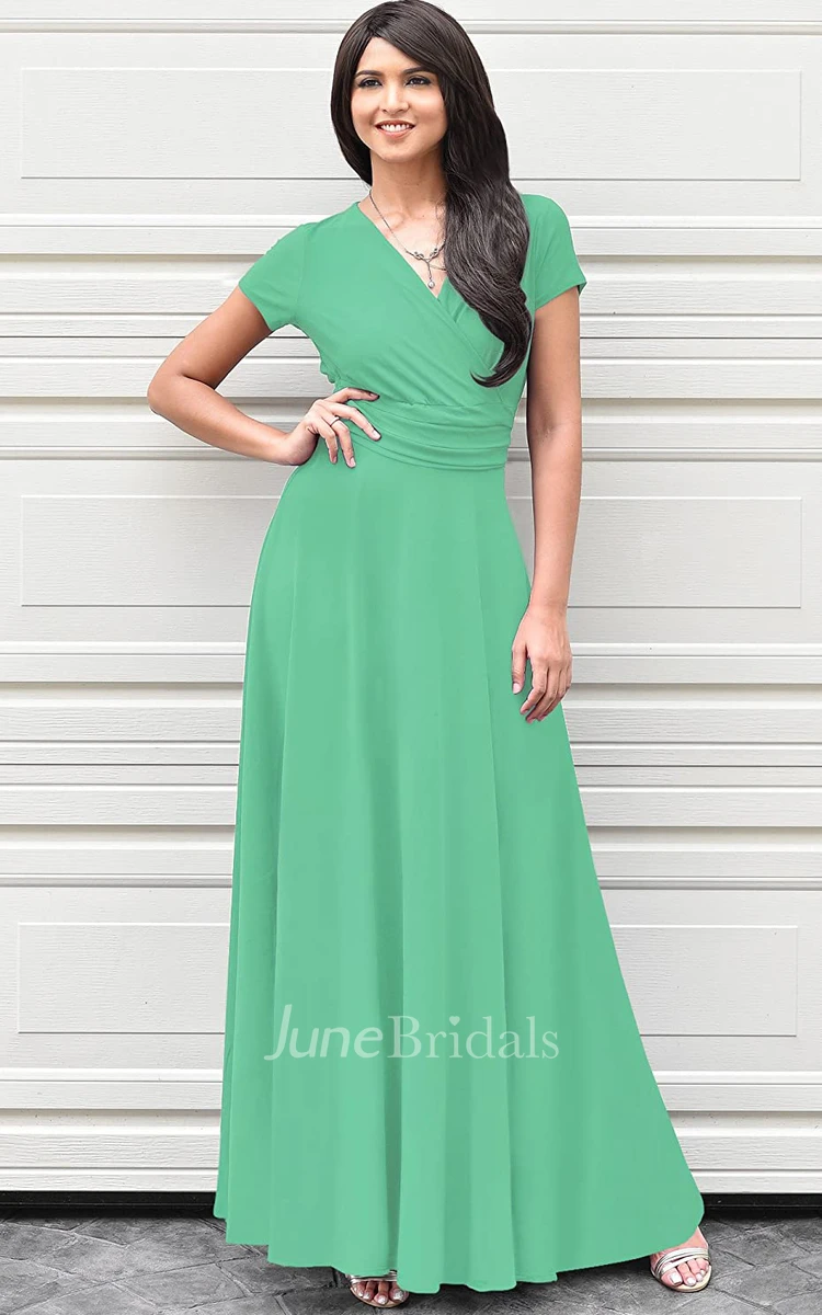 A Line V-neck Jersey Short Sleeve Prom Dress With Criss Cross and Pleats