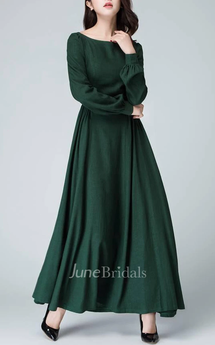 Linen Handmade Bishop Sleeve Long Sleeve Boat Neck Dark Green Maxi Long Women Custom 1454 Dress