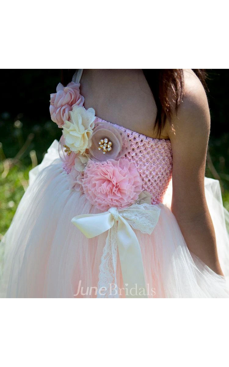 Lace One Shoulder Sleeveless Tulle Tutu Dress With Flowers