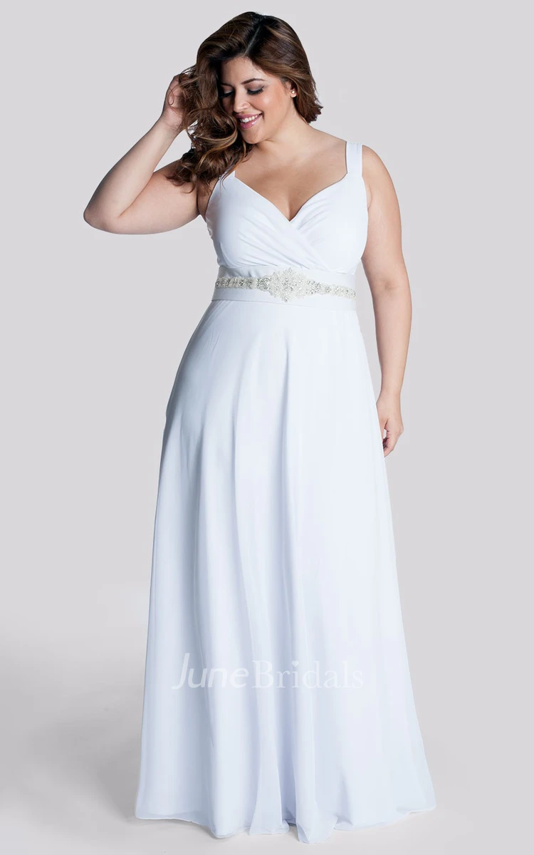 Modest Plus Size Sheath Maxi Wedding Dress Simple Casual Beading Ruched Dress with Waist Jewelry