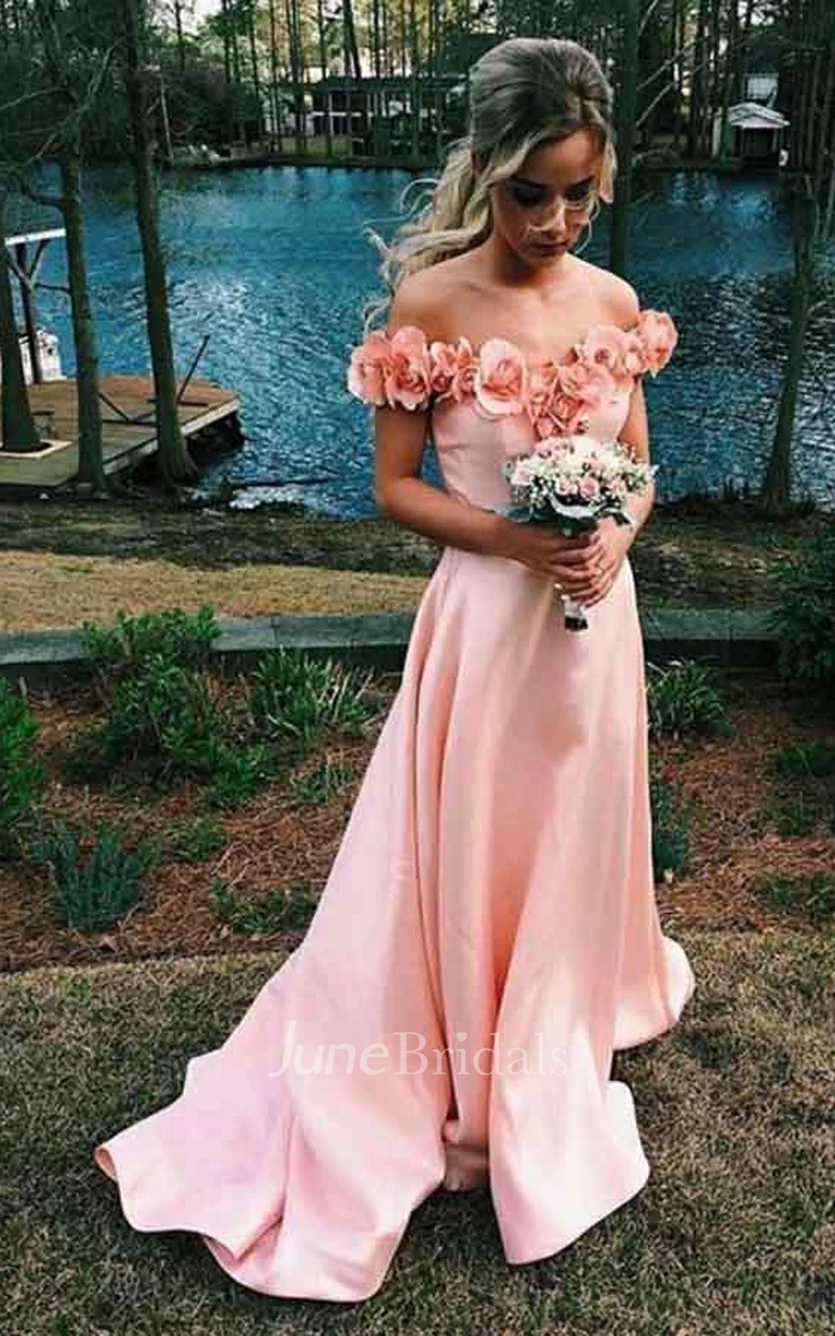 Off-the-shoulder Sweep Train Satin Sleeves Prom Dress with Flowers