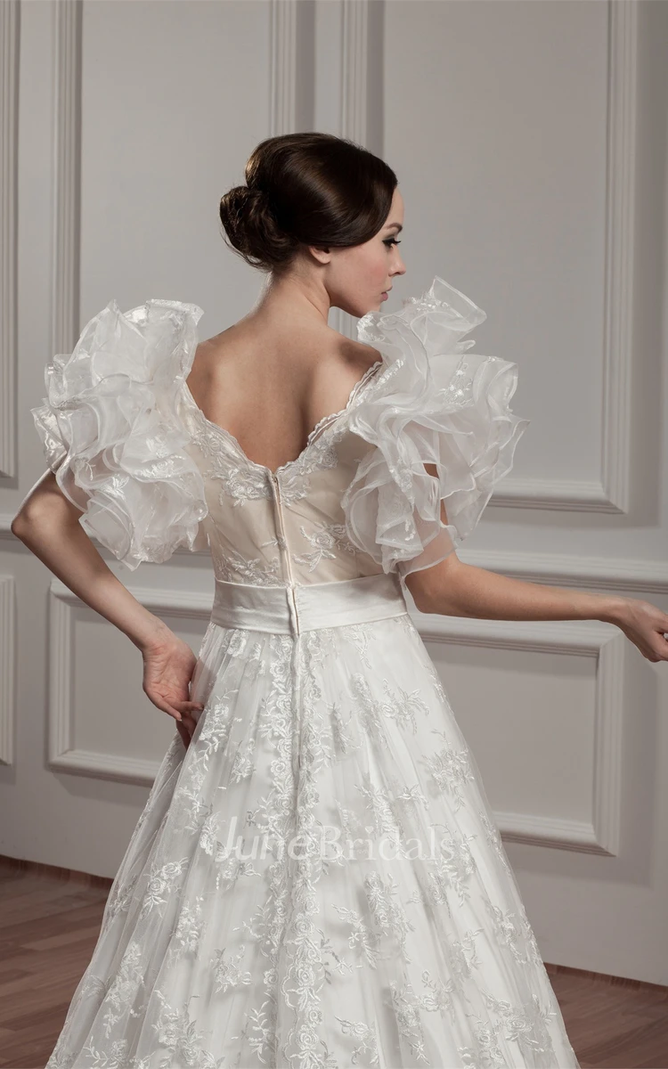 Plunged Ruffled A-Line Gown with Lace and Court Train