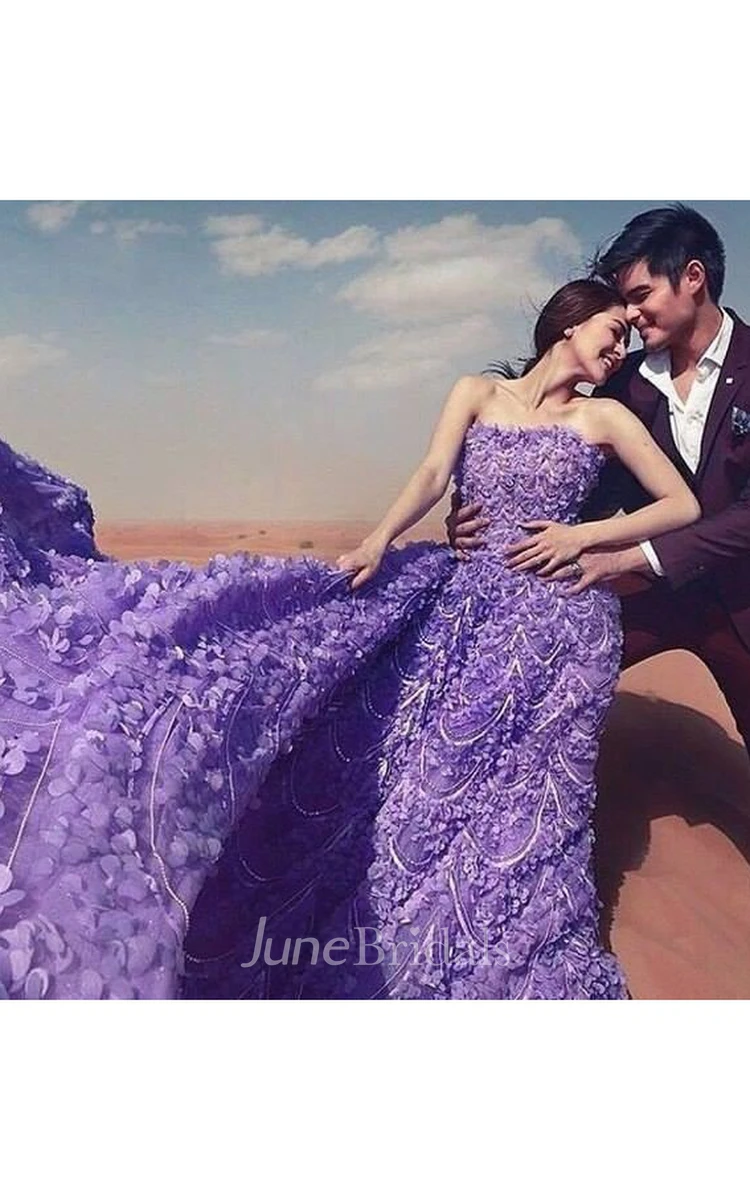 Glamorous Purple Off-the-shoulder Wedding Dress Long Train Flowers