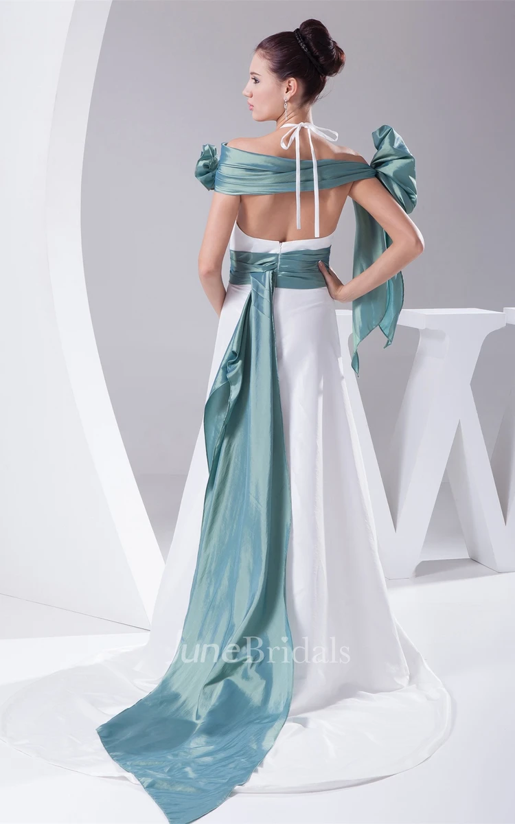 Satin Sleeveless A-Line Gown with Wrap and Flower