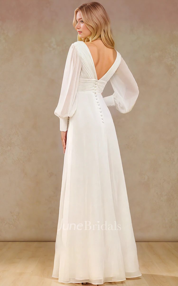 Simple Casual Long Sleeve Sexy V Neck Sheath Empire Floor-length Wedding Dress