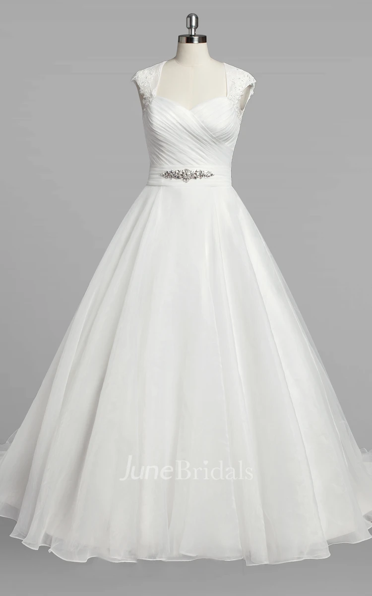 Queen-Anne Neck Cap Sleeve A-Line Organza Wedding Dress With Ruching and Beading