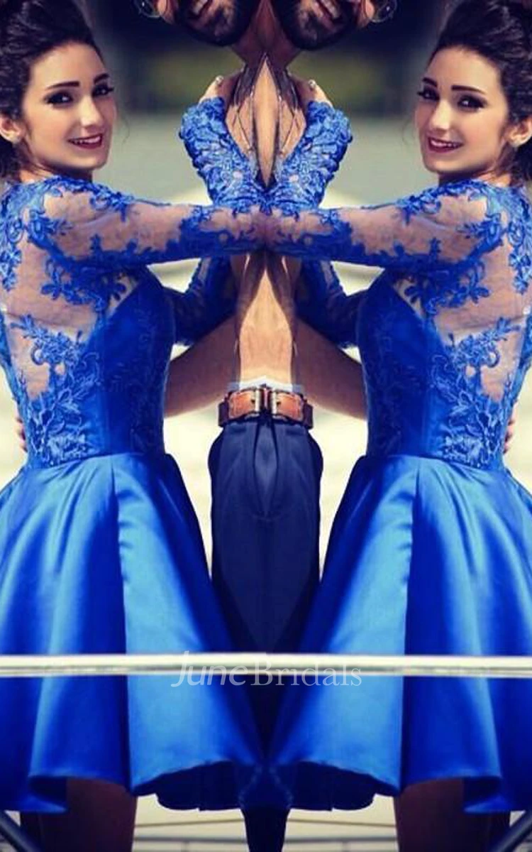 Modern Jewel Royal Blue Homecoming Dress Long Sleeve With Lace Appliques