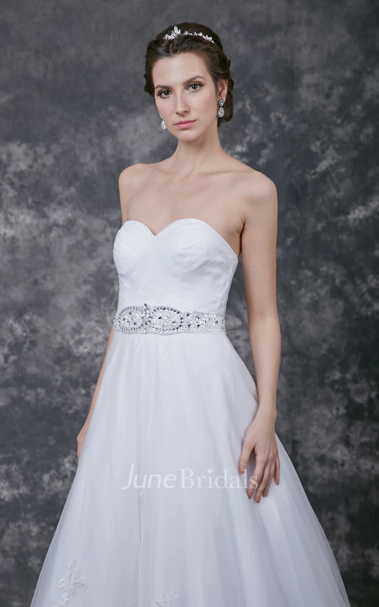 Sleeveless A-line Lace Applique Tulle Gown With Beaded Belt