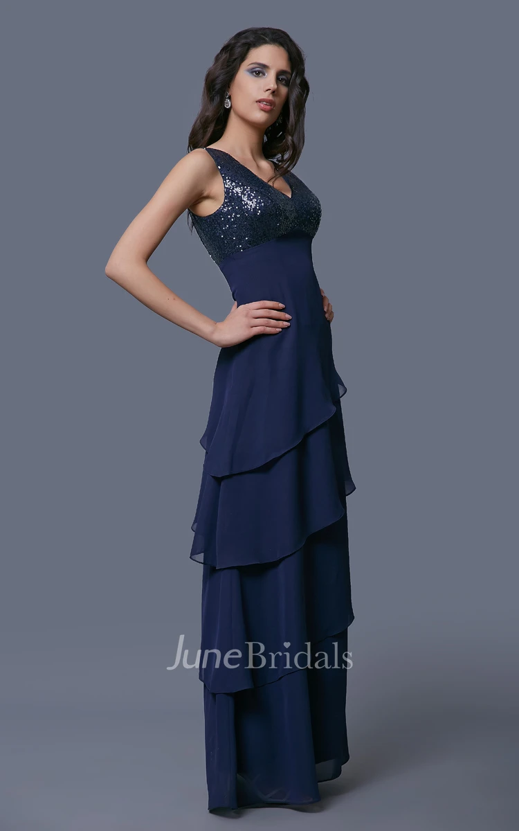 Chiffon V-Neck Layered Dress With Sequined Bust and Matching Cowl