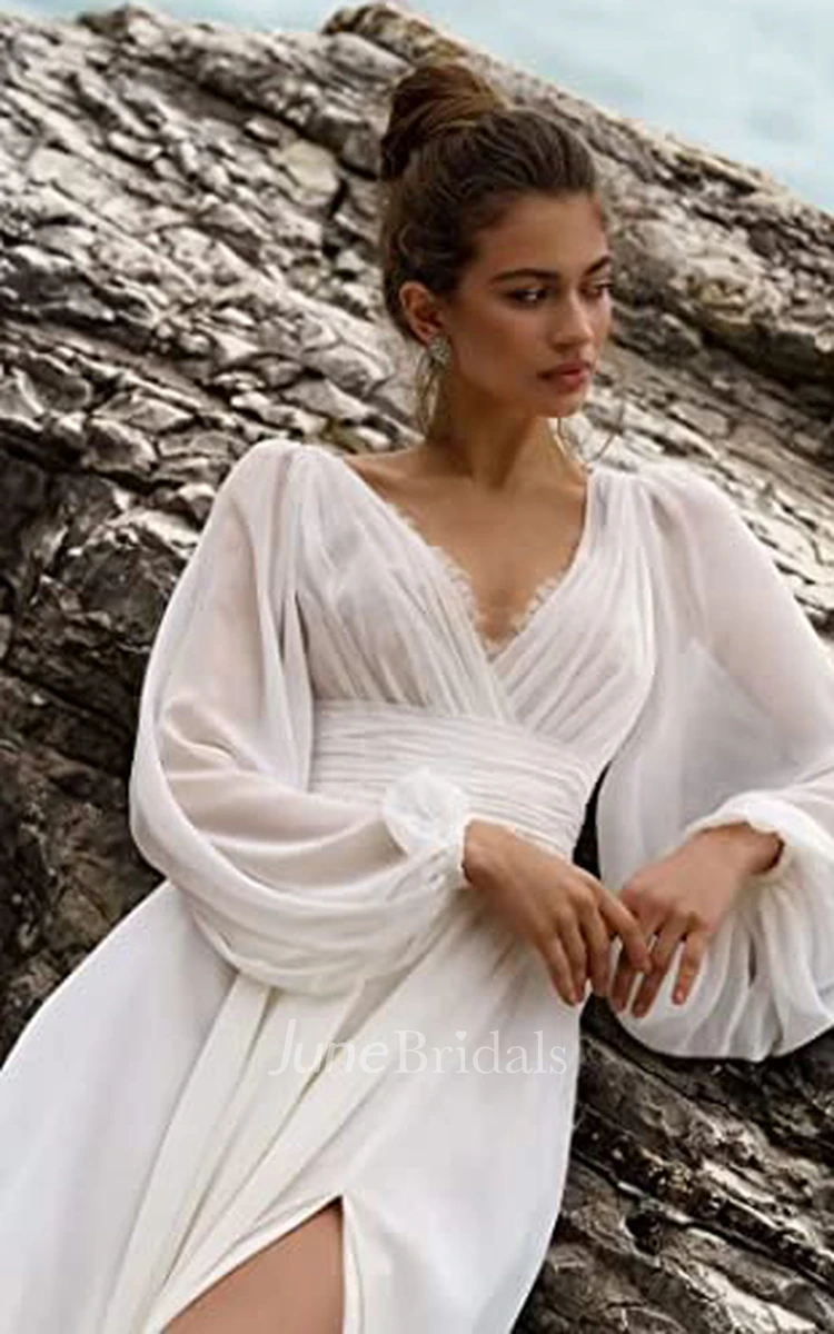 A-Line V-neck Chiffon Wedding Dress Simple Sexy Bohemian Romantic Beach Garden With Open Back And Poet Long Sleeves 