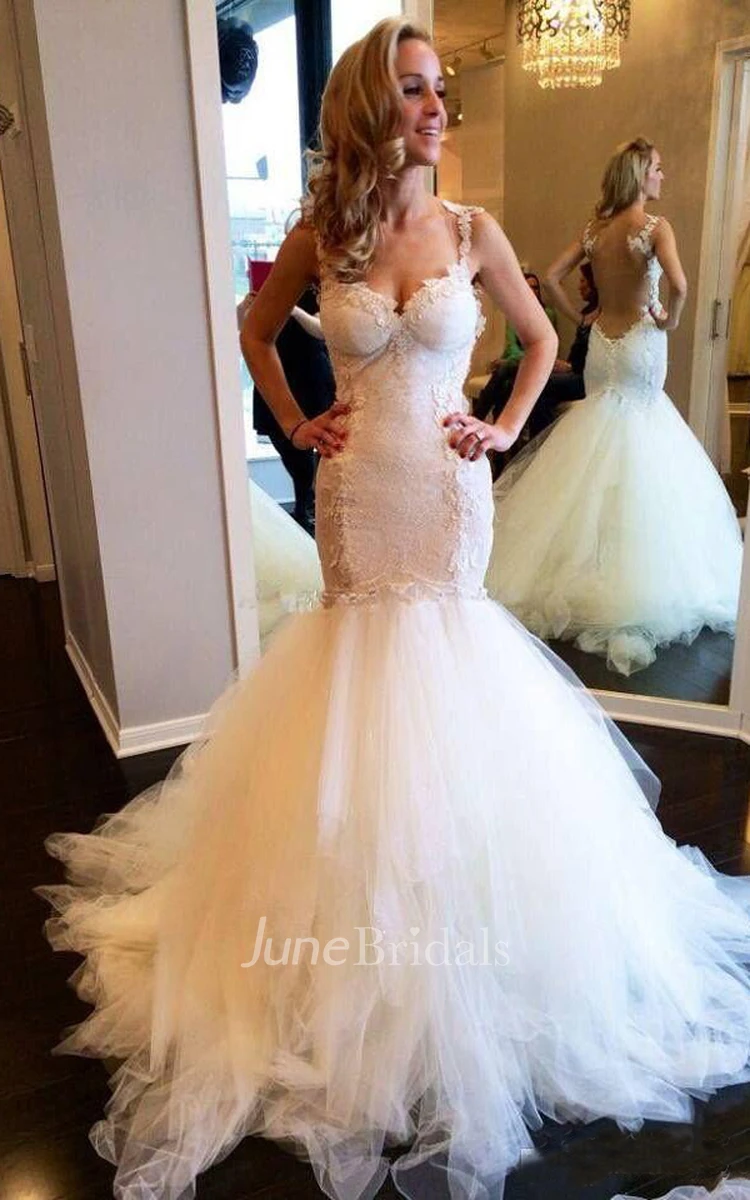 Half Sleeve Scoop Mermaid Lace Appliques Sheer Tulle New Wedding