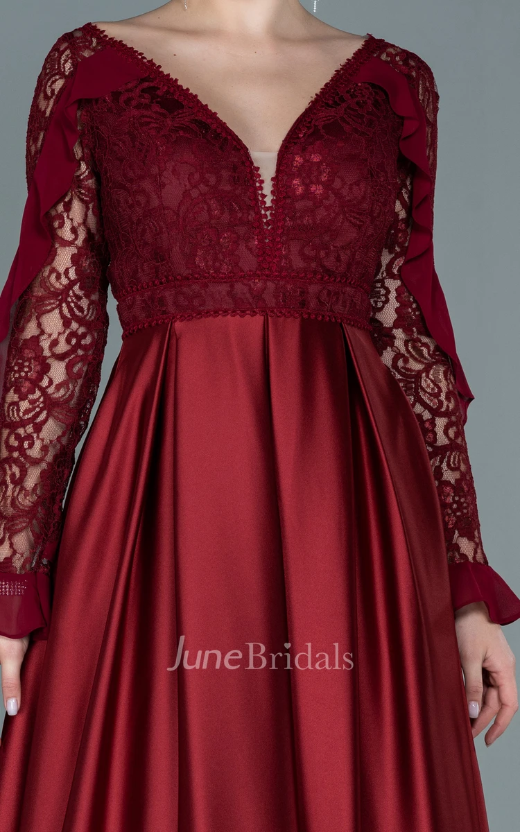 Romantic A-Line V-neck Satin Lace Prom Dress With Long Sleeve And Open Back