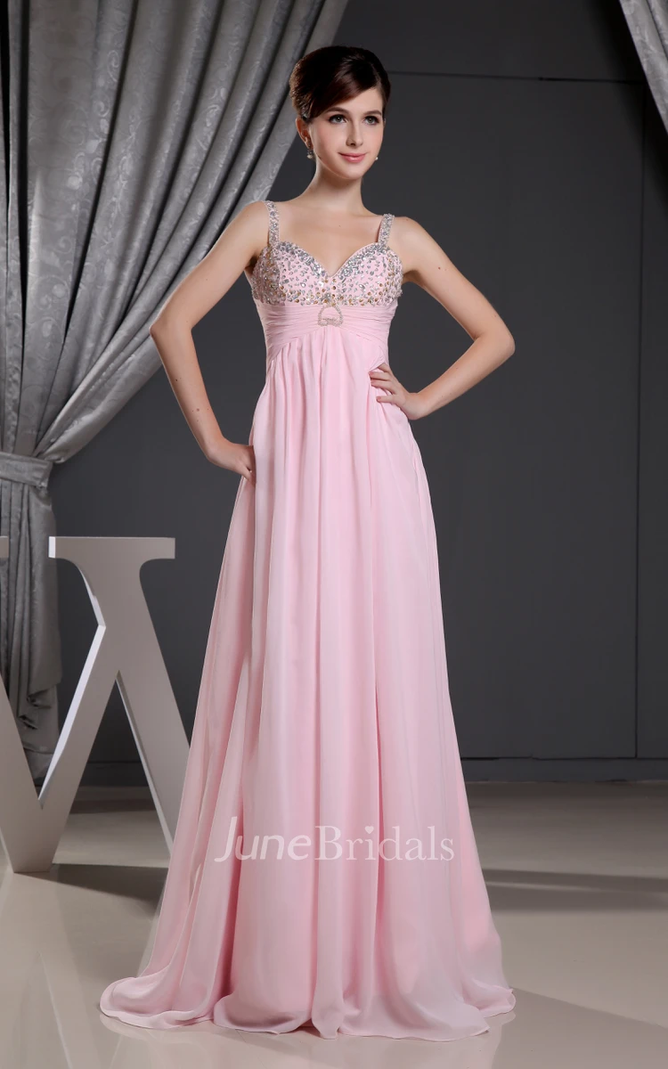 Chiffon Empire Floor-Length Dress With Beading and Ruched Waist