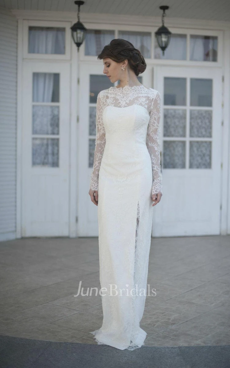 Gorgeous High-Neck Long Illusion Sleeve Sheath Bridal Gown With Split Side