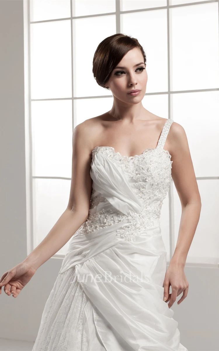 Sleeveless Lace A-Line Gown with Draping and Single Strap