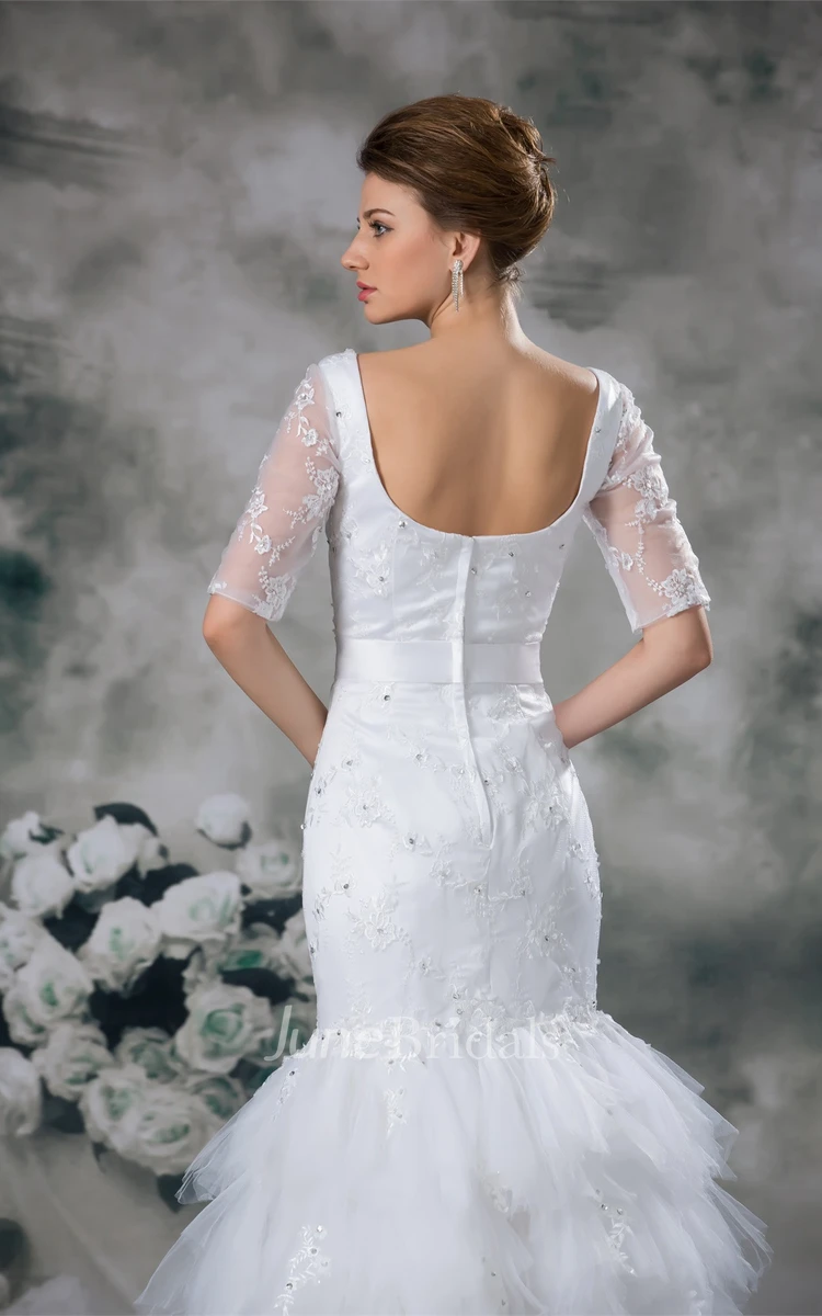 square-neck mermaid half-sleeve dress with tiers and beading