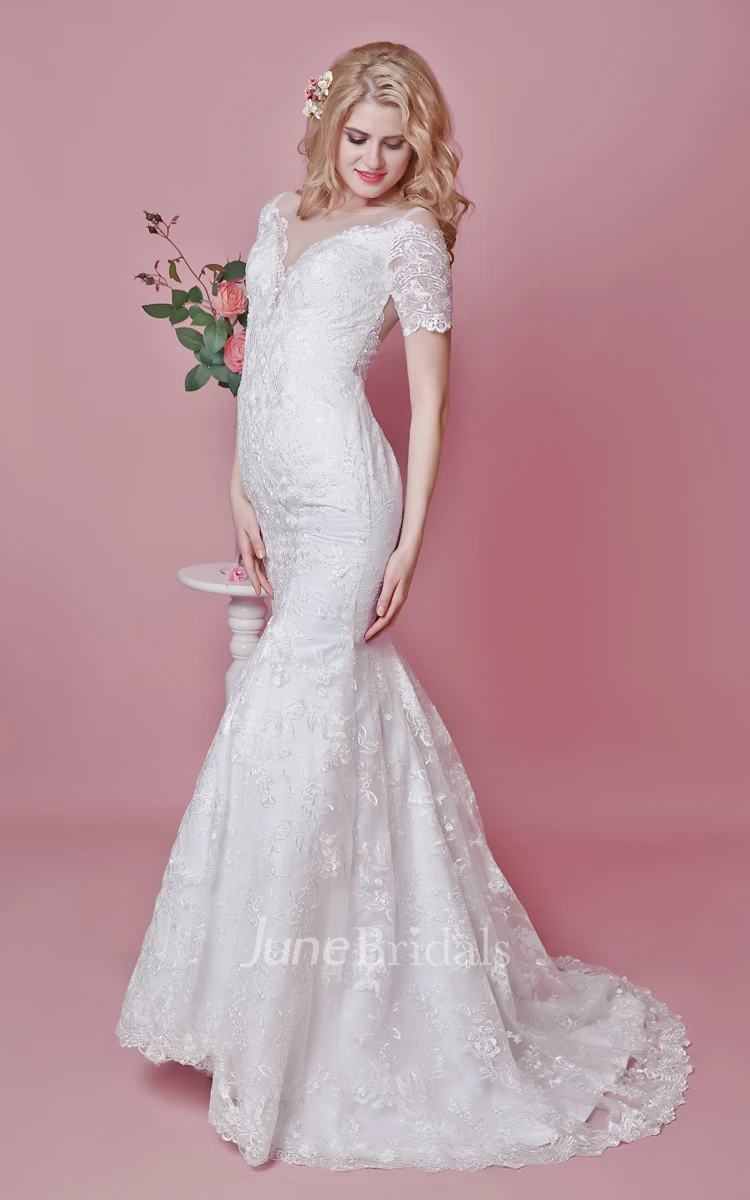 Short Sleeve Lace Trumpet Dress With Illusion Back