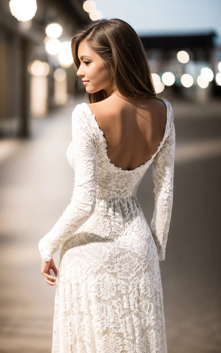 Vintage Floral Boho Lace Summer Wedding Dress with Sleeves Modest Long Sleeve Boat Neck Low-V Back Princess Bridal Gown