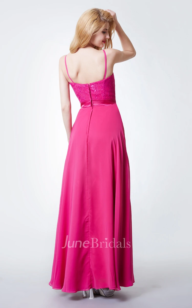 Chic Jewel Neck Long Chiffon Dress With Lace Bodice