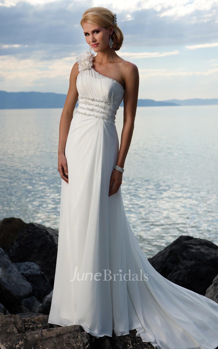 Sheath Column One Shoulder Hand made Flower Chiffon Sweep Train Wedding Dress