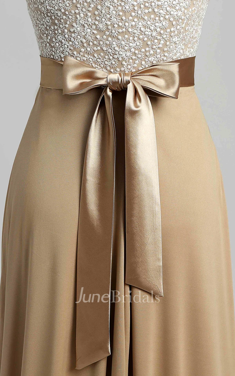 Floor-length A-line Bateau Cap Short Sleeve Illusion Jersey Lace Dress