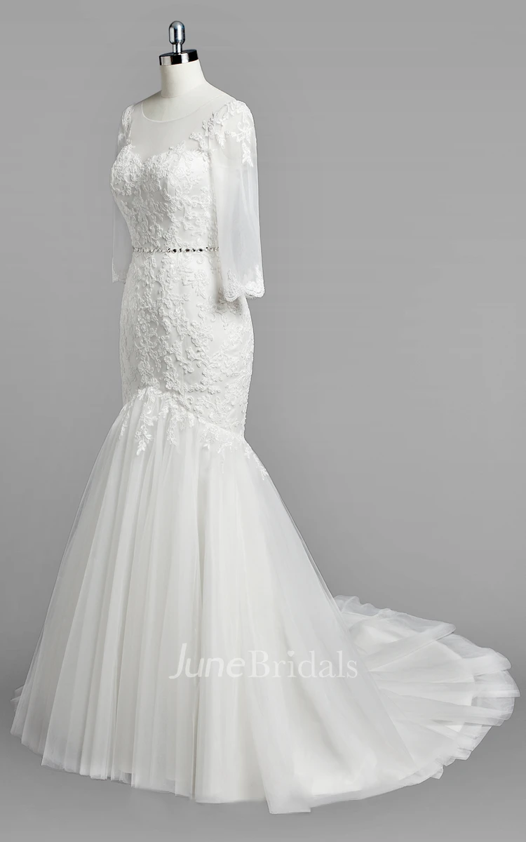 Scoop Neck 3 4 Sleeve Mermaid Lace and Tulle Wedding Dress With Beading