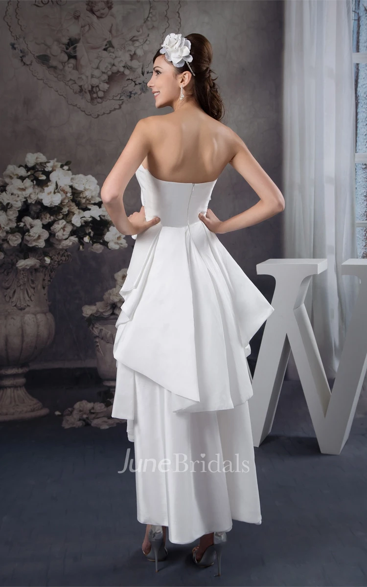 Strapless High-Low Satin Gown with Draped Design