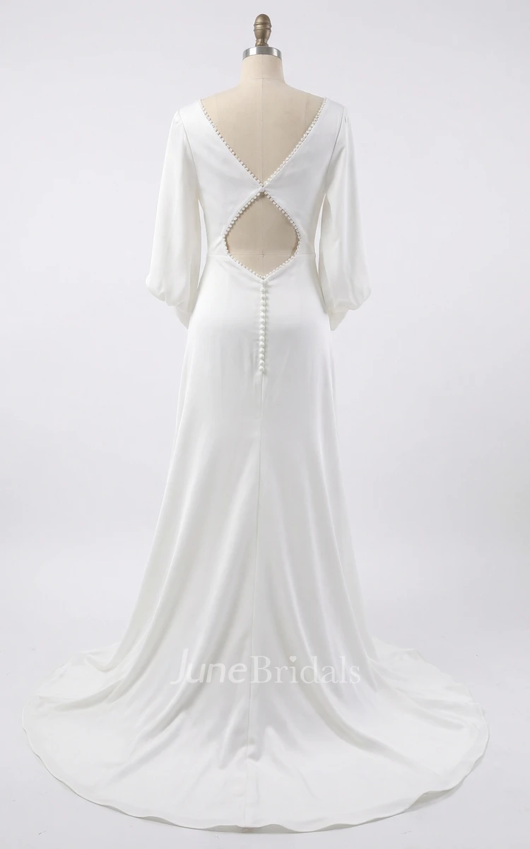 Modern A-Line V-Neck Wedding Dress with Ruched Balloon Sleeves and Cuffs