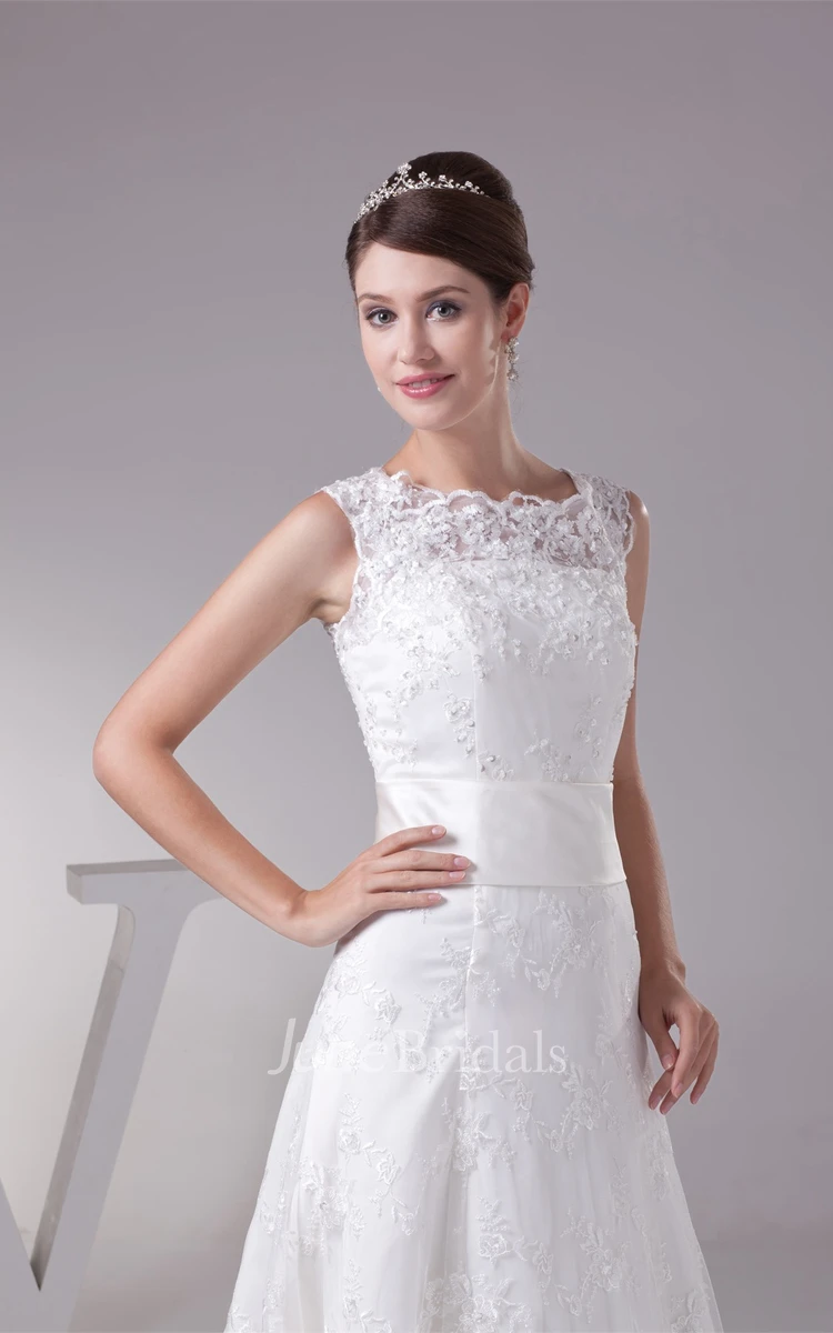 Bateau-Neck Sleeveless A-Line Gown with Appliques
