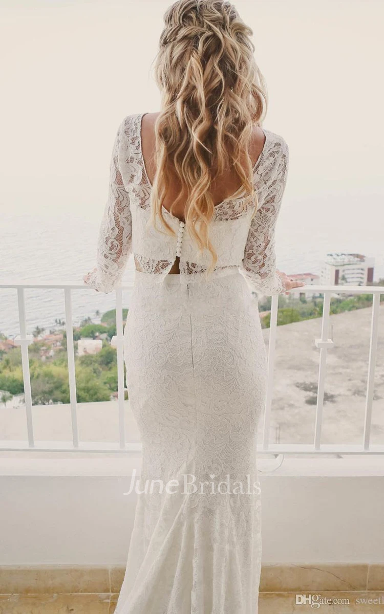 Two Piece Bateau Lace Floor-length Long Sleeve Wedding Dress