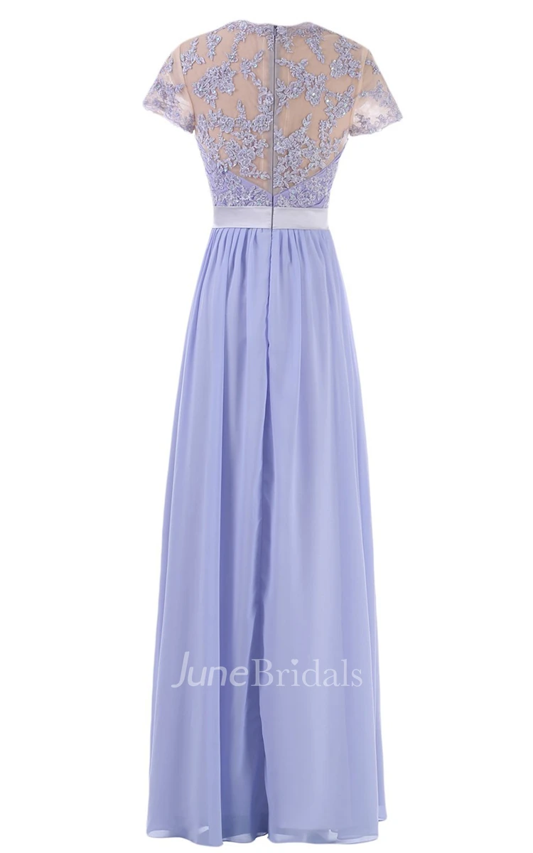 Cap-sleeve V-neck Embroideried A-line Gown With Crystal-beaded Band