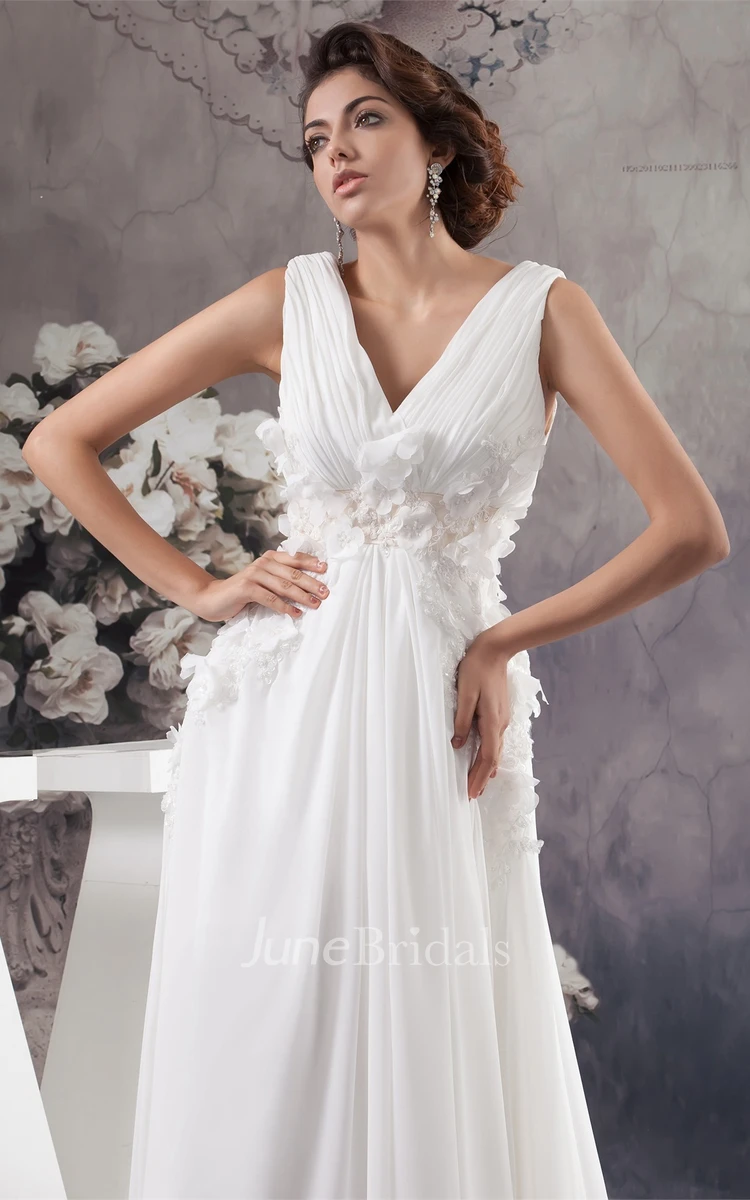 V-Neck Chiffon High-Low Dress with Ruching and Floral Waist