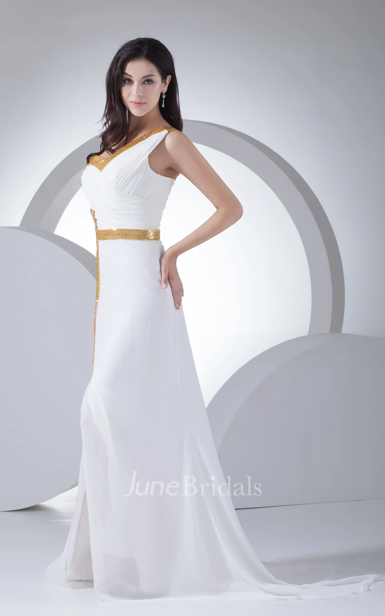One-Shoulder Sequined Chiffon Dress With Beading and Front Slit