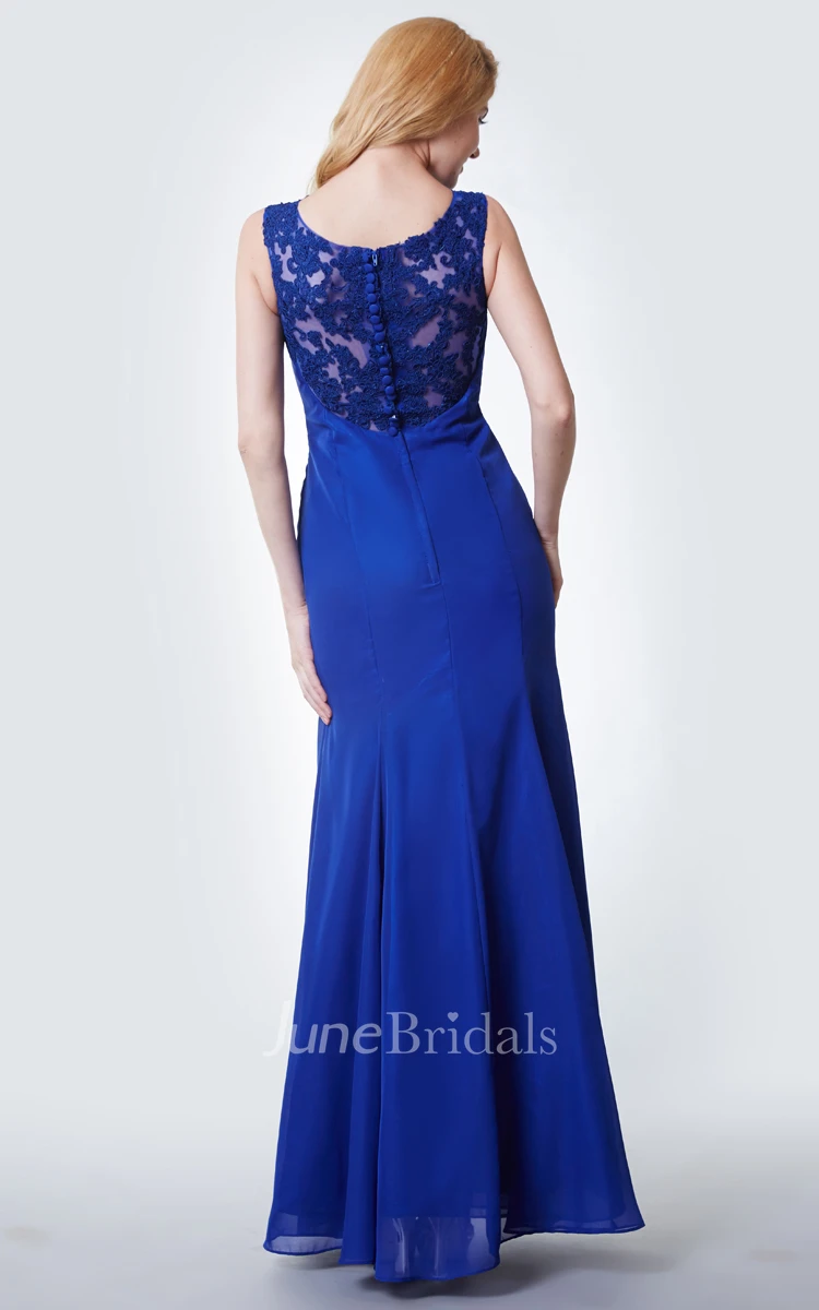 Illusion Lace Neck Form-fitted Chiffon Gown With Cap Sleeves