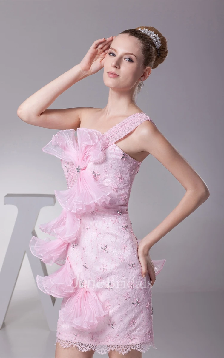 One-Shoulder Body-Fitting Short Dress with Beading and Flower