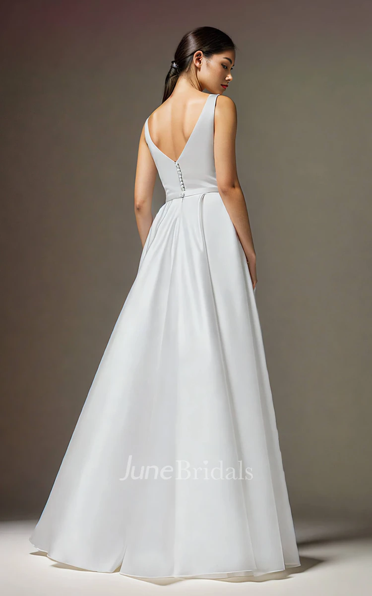 Simple Solid Square Neck Straps A-Line Satin Wedding Dress Elegant Reception Sleeveless Floor-length V Back Straps Bridal Gown with Sash