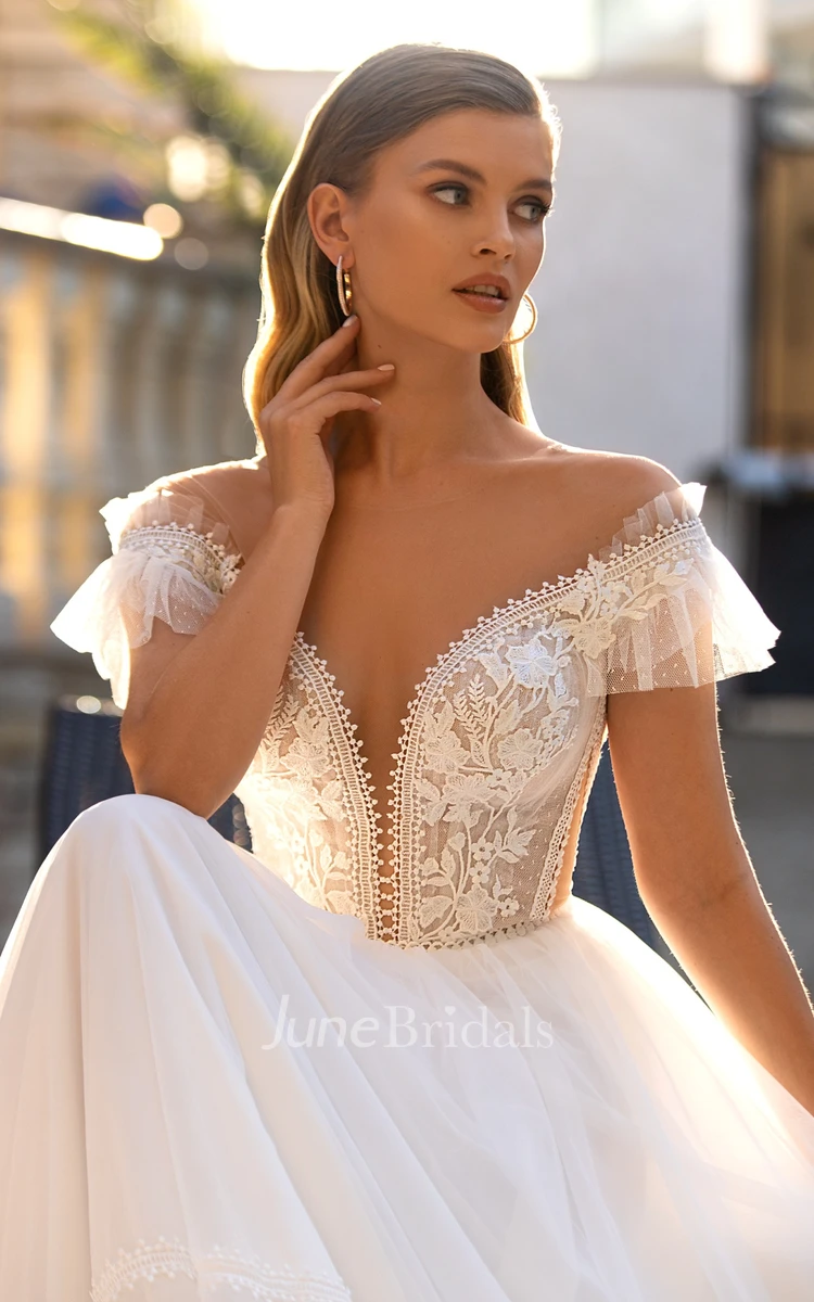 Modern A Line V-neck Lace Court Train Wedding Dress with Appliques