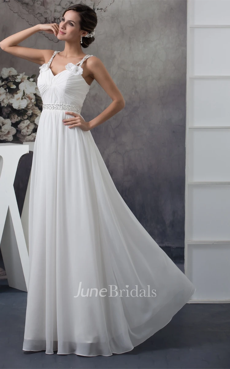 Flowered Sleeveless Ruched Floor-Length Chiffon Gown with Crystal Detailing