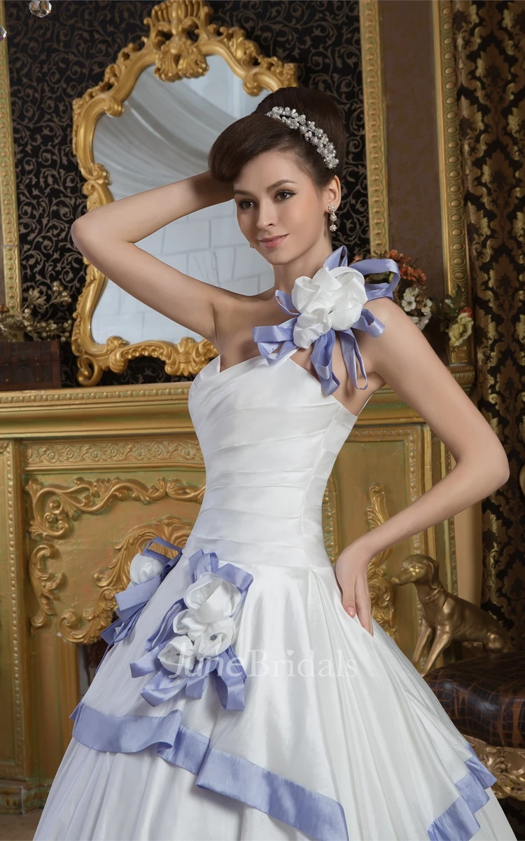 One-Shoulder Criss-Cross Ball Gown with Flower and Draping