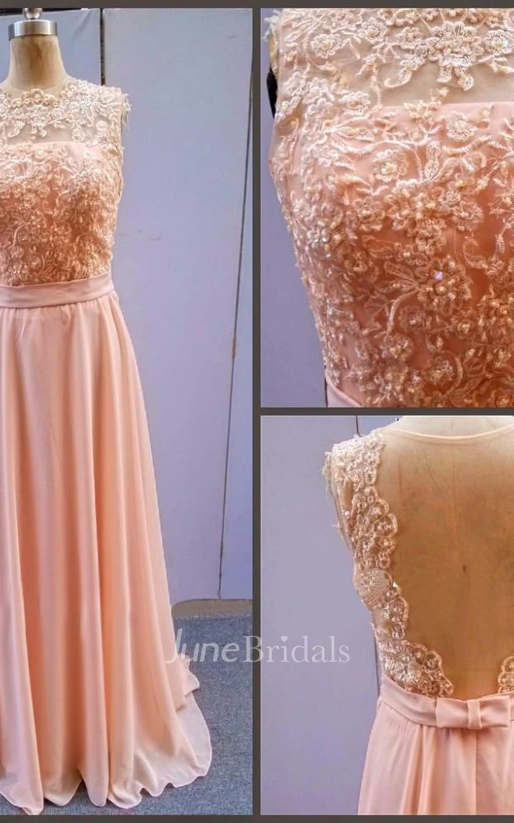 A-line Princess Bateau Chiffon Lace Sleeveless Backless Prom Dresses