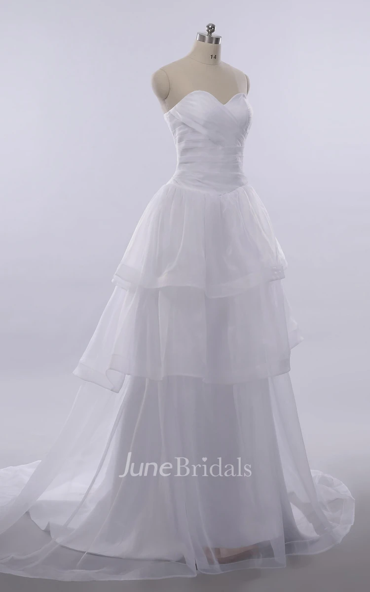 A-Line Long Sweetheart Sleeveless Bell Pleats Tiers Lace-Up Back Keyhole Tulle Lace Dress