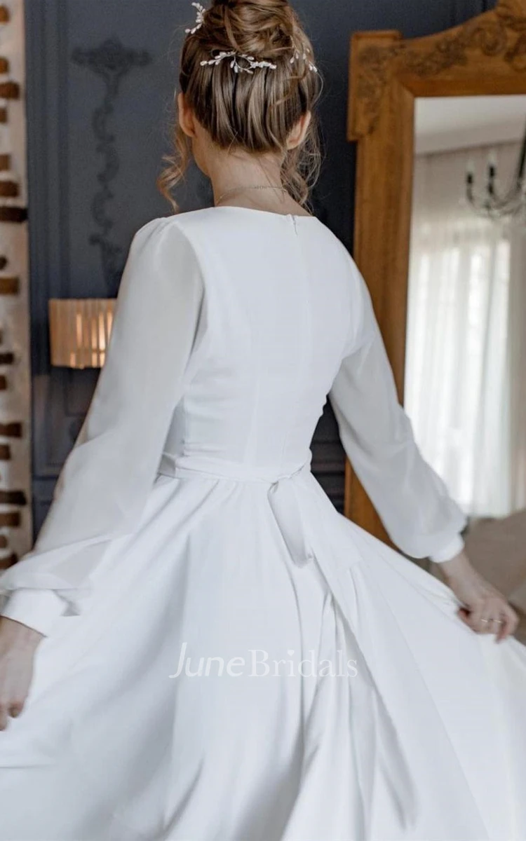 Ethereal A Line V-neck Chiffon Wedding Dress with Sash and Split Front