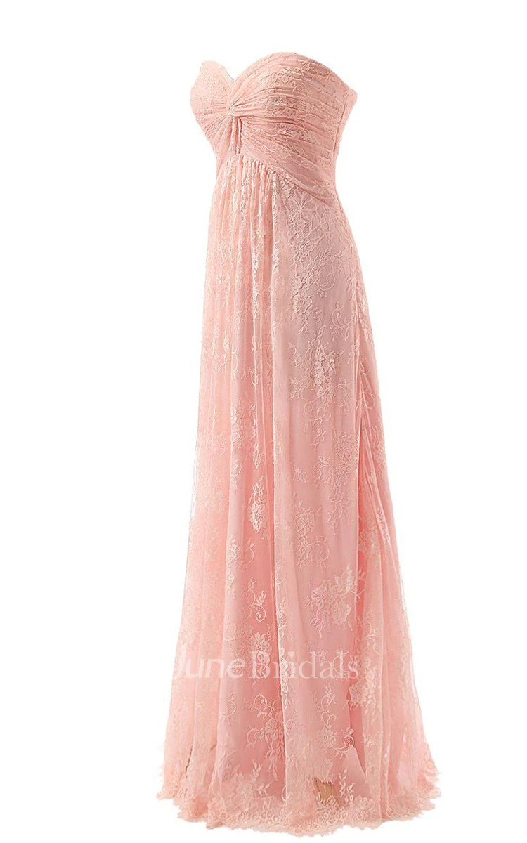Sweetheart Long Ruched Dress With Lace Bodice
